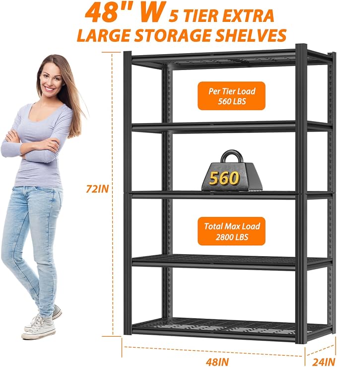 ROOMTEC 48" W Garage Shelving Heavy Duty, 2800LBS Storage Shelves, 5-Tier - Image 5