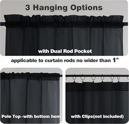 Chyhomenyc Black Sheer Curtain 72 Inches Length 2 Panels, Voile Top Dual Rod - Image 3