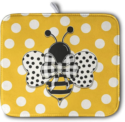 Bee Dish Drying Mat for Kitchen Counter 16x18 Inch Yellow Honey Bees Polka Dots by Kwlegh