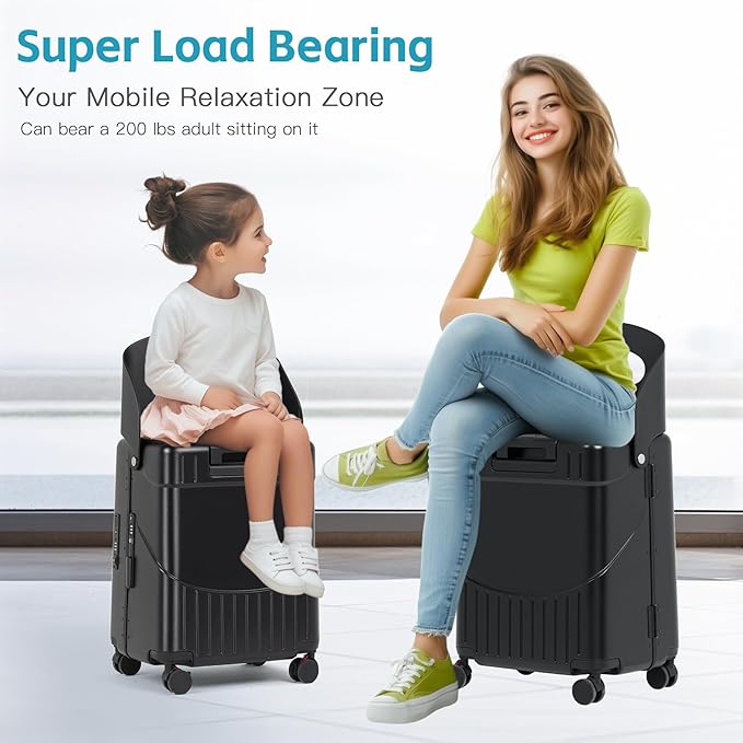 20" Carry-On Luggage with Seat for Kids & Adults, Lightweight Hardside Ride-On Suitcase with Front Opening, TSA Lock, 360° Spinner Wheels (Black, 20-inch)