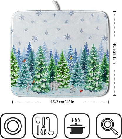 Watercolor Winter Dish Drying Pad Forest Kitchen Mat - Image 2
