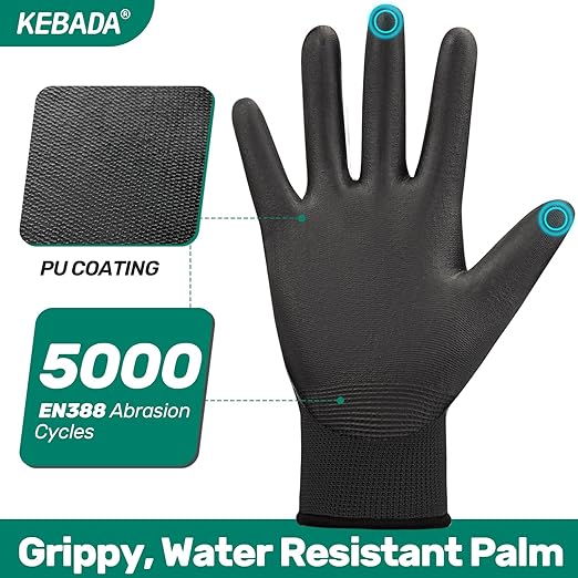 Kebada Safety Work Gloves,120 Pairs Bulk Pack, Touchscreen, PU Coated, Ideal for Warehouse, Construction, Gardening and Mechanics, Black, Large