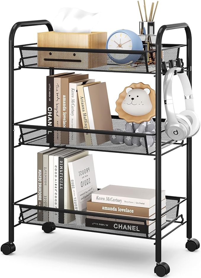 TOOLF 3-Tier Metal Rolling Cart, Mesh Wire Easy Assemble Utility Cart, Storage Trolley on Wheels with 3 Hooks, MetalStorage Shelving Units for Kitchen Bathroom Laundry Room
