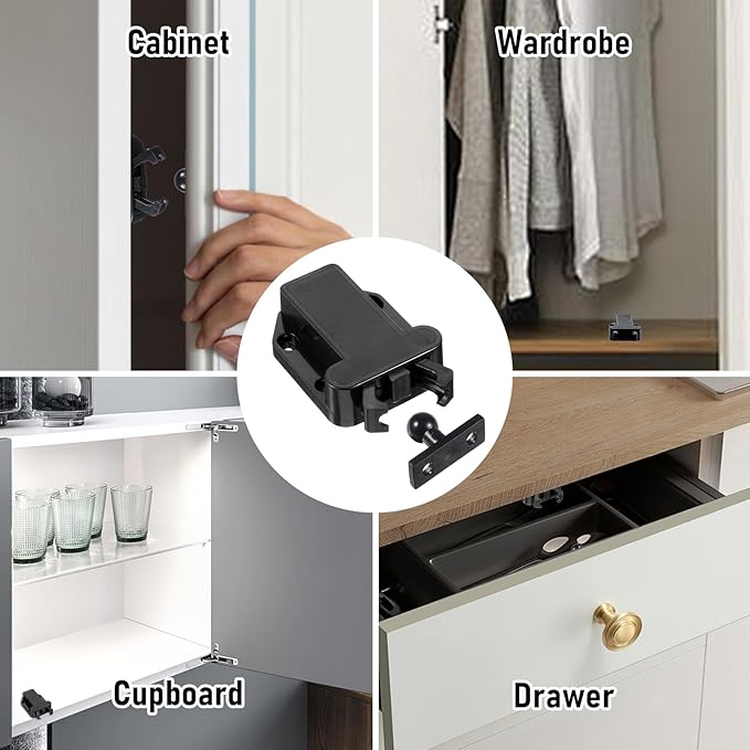 4Pack Push Latches for Cabinets, Push to Open Catch Lock,Safe Rebound Self-Locking Device Drawer Catch Push to Open Door Latch Cabinet Hardware for Cabinet Drawer Wardrobe Kitchen Door