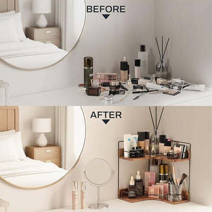 2-Tier Bathroom Counter Organizer, Wooden Corner Shelf - Image 5
