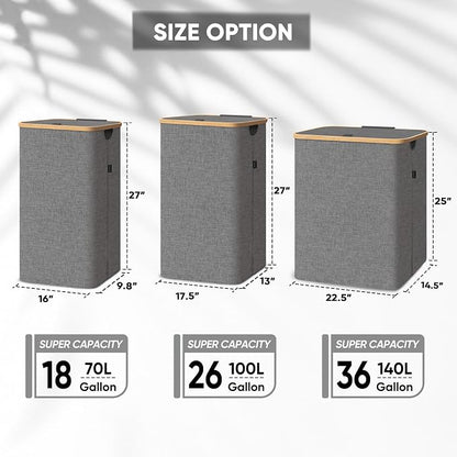 BALEINE Laundry Hamper with Lid, Tall Laundry Baskets with Bamboo Pull Handles - Image 2