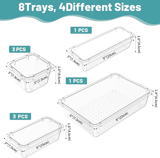 WOWBOX 8 PCS Clear Plastic Drawer Organizer Set, 4 Sizes Desk Drawer - Image 3