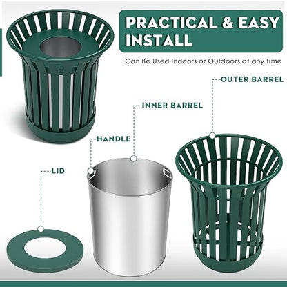 16 Gallon Round Large Outdoor Trash Can, Heavy Duty Metal Slatted Garbage Can - Image 5