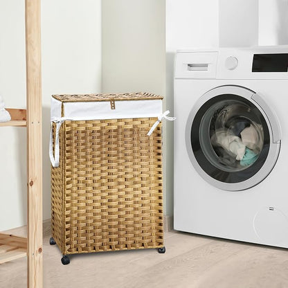 70L Slim Laundry Hamper with Lid & Wheels, Rolling Laundry Basket with 2 - Image 2
