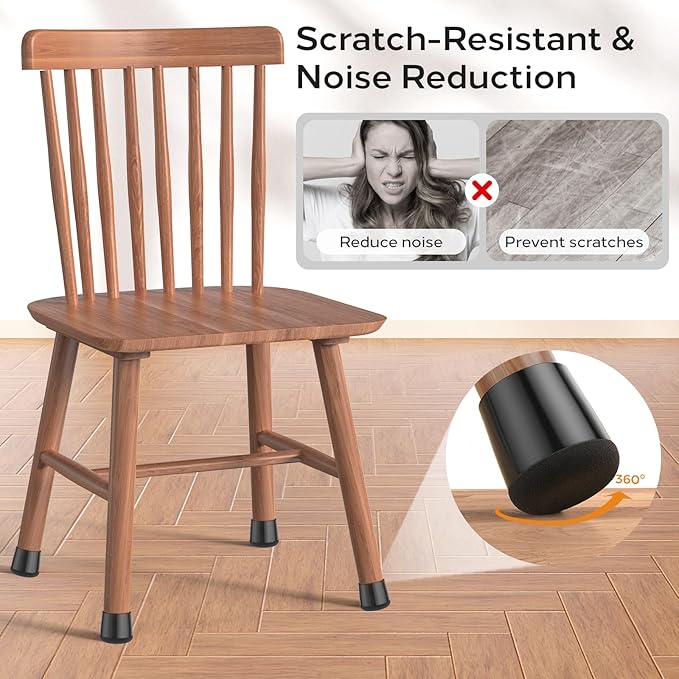 24 PCS Silicone & Felt Chair Leg Floor Protectors for Hardwood Floors - Furniture Pads, Chair Leg Covers/Cups - No Noise & Scratch-Proof - Round L (Fits 1 3/16"-1 6/16" / 30-35mm), Black