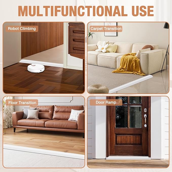 Floor Transition Strip Self Adhesive Vinyl Door Threshold for Doorways Carpet Edging Trim Overlap Edge Reducer for Laminate Floor, Carpet, Tile (White, 1/5" to 2/5", 10Ft)