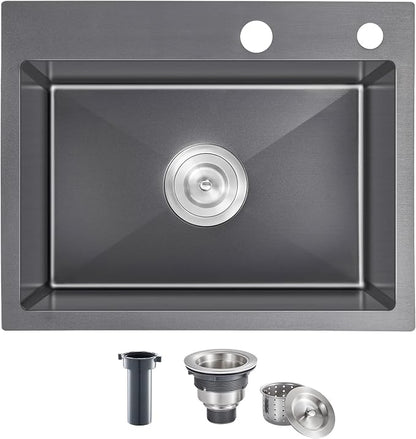 22x18 Inch Drop in Kitchen Sink, Handmade 304 Black Stainless Steel Sink by OUGOO