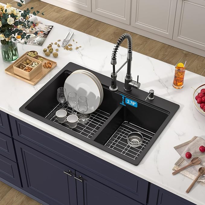 33 Inch Drop in Granite Composite Black Kitchen Sink-Donsdey Double Bowl Topmount 60/40 Basin Quartz Workstation Sink with Luxury Accessories Easy Cleaning Noise Reduction
