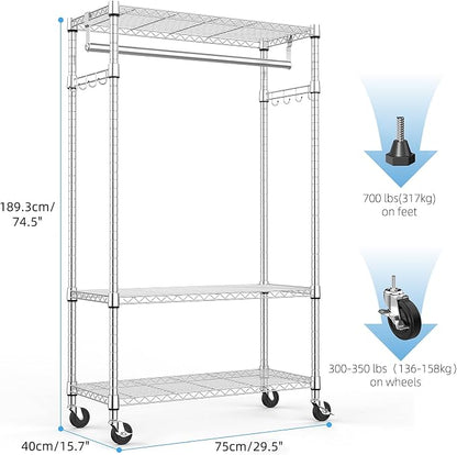 Heavy Duty Rolling Garment Rack 3 Tiers Adjustable Wire Shelving Clothes Rack - Image 6