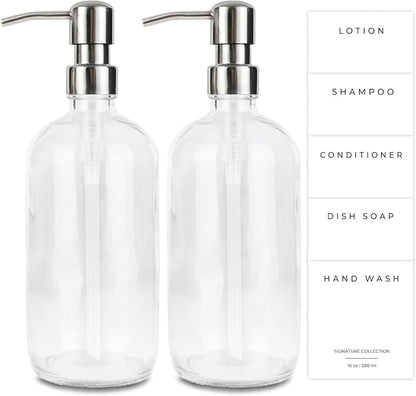 Emerson Essentials Glass Soap Bottle Dispensers, 2 Pack, Stainless-Steel Pumps by Emerson+Essentials