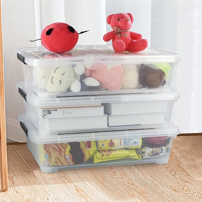 3-Pack Plastic Under bed Storage Box, Clear Latch Bin with Lid, 40 Quart