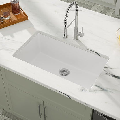 Dcolora 33" Quartz Granite Composite White Kitchen Sink Undermount Sink Deep Single Bowl, Round Corner, 33"x19", DC-GU7750