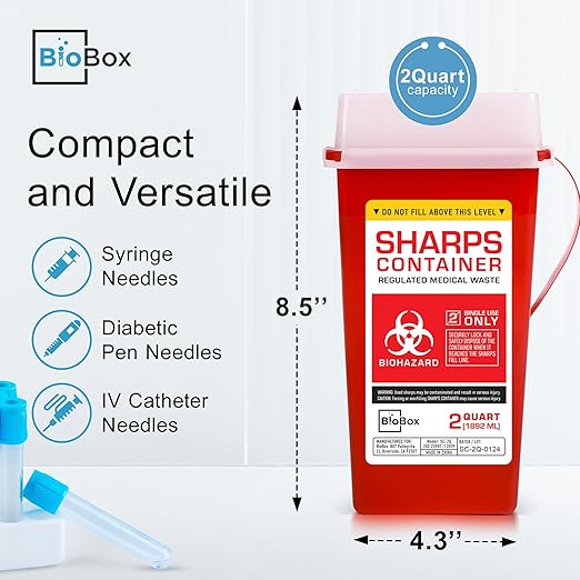 Sharps Container Large - Sharps Containers for Home Use and Labs - Portable Needle Disposal and Travel Size Biohazard Bin - 2 Quart (Pack of 5)