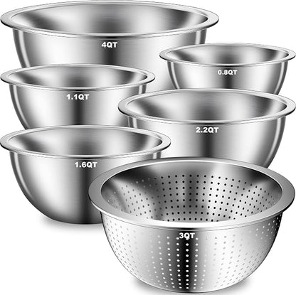 DUTZUN Heavy-Duty Stainless Steel Mixing Bowls Set of 5 plus 3QT Colander by DUTZUN