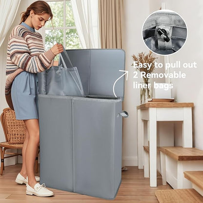 Voova 154L Double Laundry Hamper with Lid and 2 Removable Laundry Bags, Large Collapsible 2 Dividers Dirty Clothes Basket with Handles for Laundry Room, Bedroom, Bathroom, College Dorm, Grey