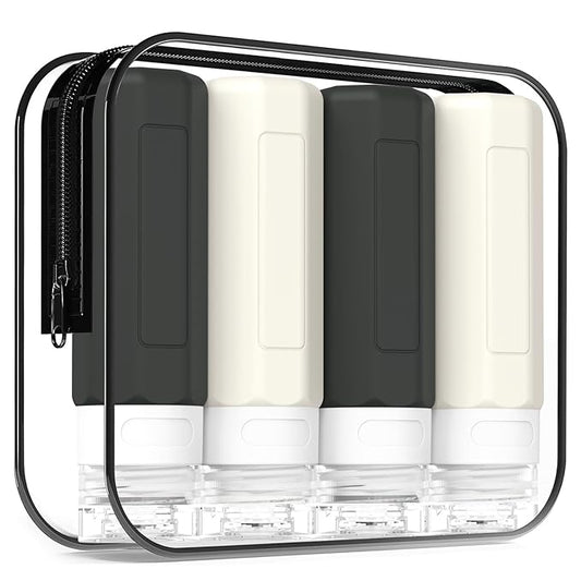 Redfly Travel Bottles for Toiletries, 3oz Tsa Approved Travel Size Containers, BPA Free Leak Proof Containers for Toiletries, Silicone Refillable Essentials for Shampoo Conditioner Black-white