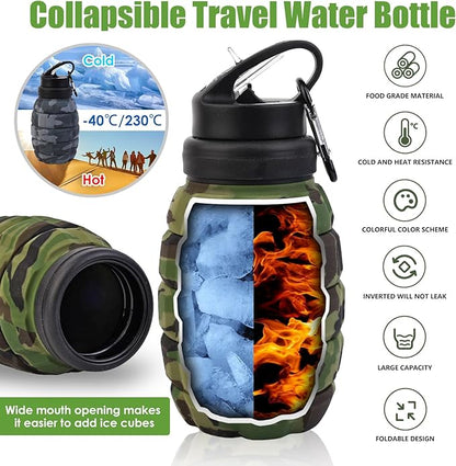 Collapsible Travel Water Bottle18oz, Reuseable Silicone Foldable Water Bottles for Gym Camping Hiking, Portable Leak Proof Sports Water Bottle with rugby Carabiner (Dark gray)