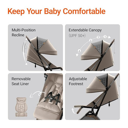 Lightweight Baby Travel Stroller with Carbon Fiber Frame, Compact & Airplane-Friendly, One-Handed Folding Design, 11.6 lbs, Perfect for Toddlers, Organizer & Cushion Included, Simply Taupe