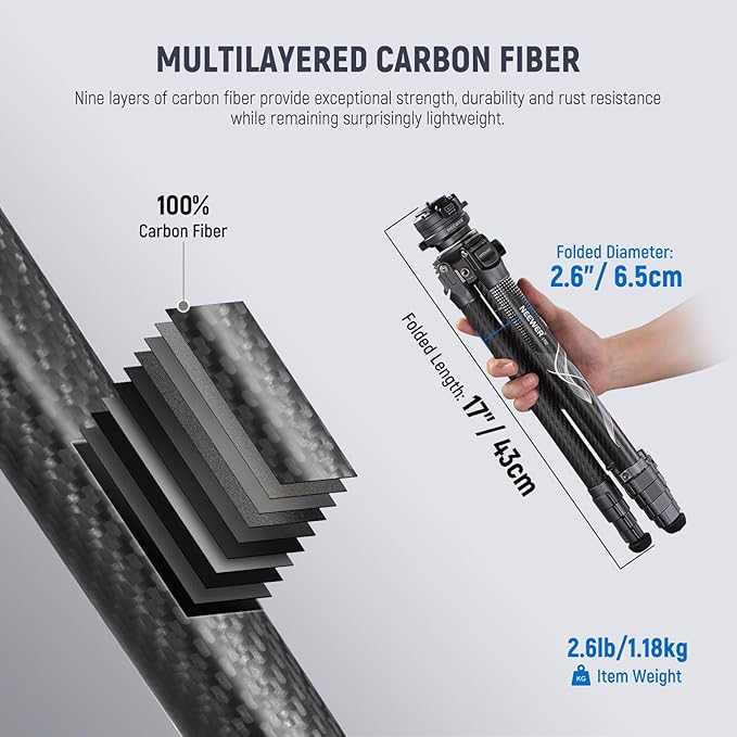 NEEWER LITETRIP LT32 Camera Travel Tripod, Carbon Fiber Portable Stand, Ball Head Detachable Center Axis Flip Buckle Cleaning Cloth Arca QR Plate Compatible with Peak Design Capture V3 (Former TP62)