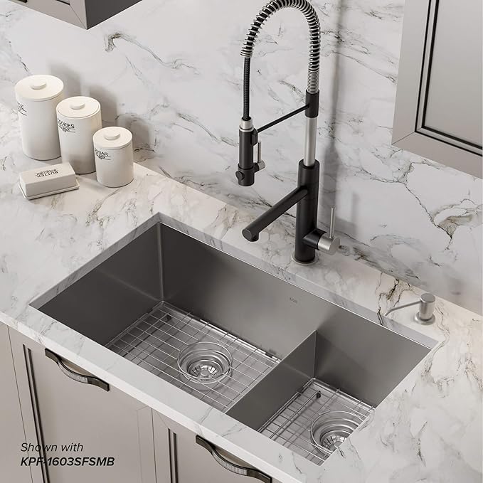 KRAUS Standart PRO™ 32-inch 16 Gauge Undermount 60/40 Double Bowl Stainless Steel Kitchen Combo with WasteGuard™ Continuous Feed Garbage Disposal, KHU103-32-100-75MB