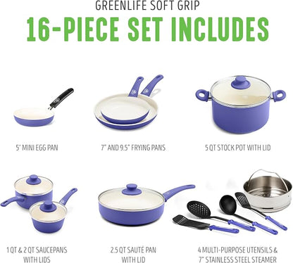 GreenLife 16 Piece Nonstick Cookware Set, Soft Grip Non-Toxic PFAS-Free Ceramic - Image 3
