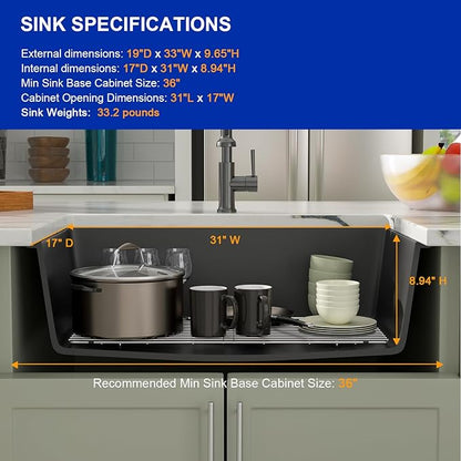Dcolora 33 Inch Granite Composite Kitchen Sink, Black Undermount Kitchen Sinks Deep Single Bowl, 33"x19", Round Corner, DC-GU7749