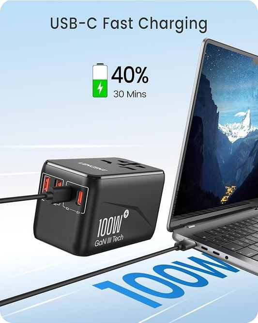 LENCENT Universal Travel Adapter, 100W GaN3 International Adaptor with 2 QC4.0 USB-A+2 PD3.0 Type-C PPS Fast Charging, Worldwide Wall Charger for iPhone,Samsung,Laptop, Plug Adapter USA/UK/EU/AU Black