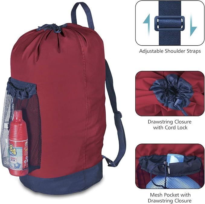 Dalykate Backpack Laundry Bag, Laundry Backpack with Shoulder Straps and Mesh Pocket Durable Nylon Clothes Hamper Bag with Drawstring Closure Red