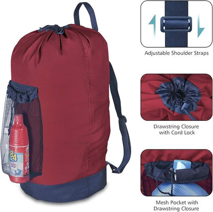 Dalykate Backpack Laundry Bag, Laundry Backpack with Shoulder Straps and Mesh Pocket Durable Nylon Clothes Hamper Bag with Drawstring Closure Red