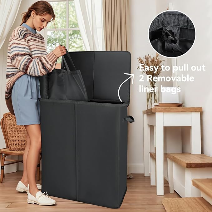 Voova 154L Double Laundry Hamper with Lid and 2 Removable Laundry Bags, Large Collapsible 2 Dividers Dirty Clothes Basket with Handles for Laundry Room, Bedroom, Bathroom, College Dorm, Black