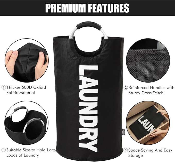 DOKEHOM 125L X-Large Laundry Basket, Collapsible Laundry Bag, Freestanding Tall Clothes Hamper, Foldable Washing Bin (Black)