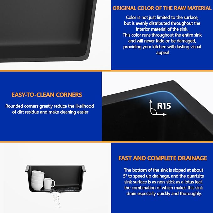 Dcolora 22 Inch Quartz Composite Bar Sink Black Undermount Small Granite Composite Kitchen Sink Prep RV Single Bowl Under Counter, Round Corner, 22"x17", DC-GU7747