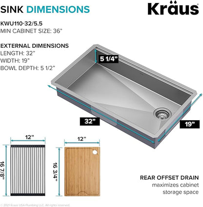 KRAUS Kore ADA Workstation 32-inch Undermount 16 Gauge Stainless Steel Kitchen Sink, Single Bowl Kitchen Sink with Accessories, KWU110-32/5.5
