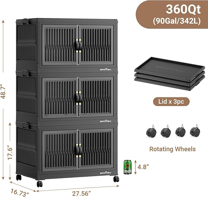 BROVIEW 360Qt Stackable Storage Bins with 3 Lids, Extra Large Closet Organizer Collapsible Drawer Boxes with Wheels, Folding Plastic Cabinet Containers for Home Kitchen Room Organization, 3Pack Black