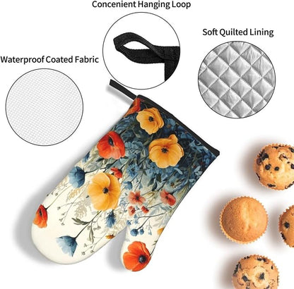 Colorful Wildflower Oven Mitts and Pot Holders Set of 3, Heat Resistant Non - Image 5