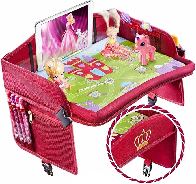 Coolmum Kids Travel Tray, Toddler Car Seat Tray, Double Sided Activity Organizer, Snack Lap Tray, Baby Stroller Table, Airplane Play Table, Waterproof and Foldable (Premium Red)