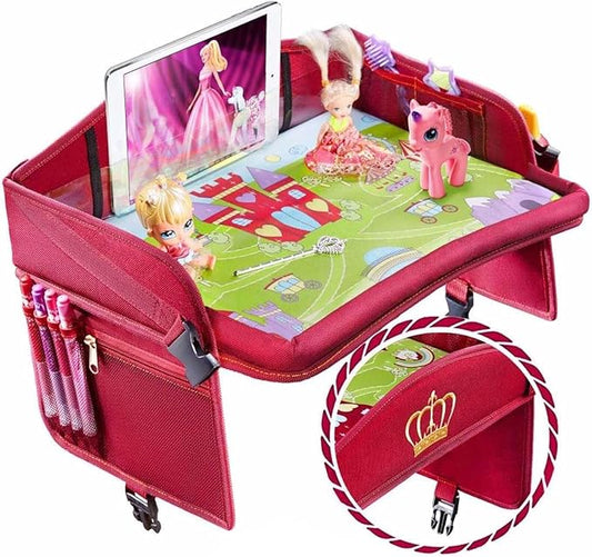 Coolmum Kids Travel Tray, Toddler Car Seat Tray, Double Sided Activity Organizer, Snack Lap Tray, Baby Stroller Table, Airplane Play Table, Waterproof and Foldable (Premium Red)