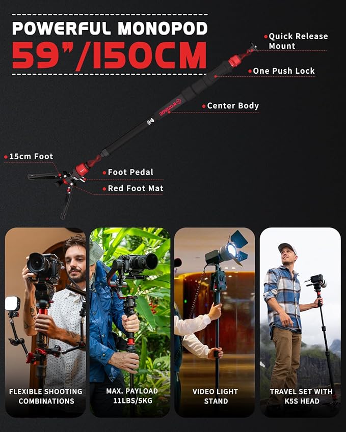 IFOOTAGE Cobra 3 Strike Monopod with Feet,Portable Travel Monopod for Camera A150S Ⅲ with Pan Tilt Head K5S,Pedal Design Base,One-Click to Extend Height 59"/150cm,Payload 11lbs/5KG
