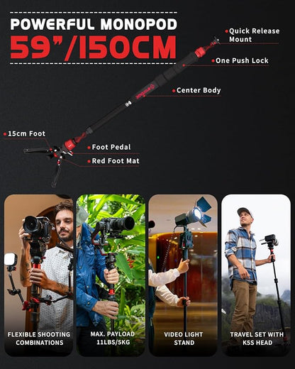 IFOOTAGE Cobra 3 Strike Monopod with Feet,Portable Travel Monopod for Camera A150S Ⅲ with Pan Tilt Head K5S,Pedal Design Base,One-Click to Extend Height 59"/150cm,Payload 11lbs/5KG