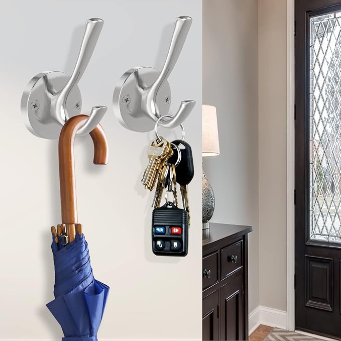 Brushed Nickel Robe Hooks Towel Hooks, 3 Pack Coat Hook Heavy Duty Mudroom Hook - Image 2