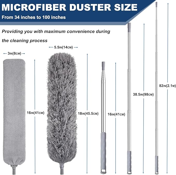 100 Inch Retractable Gap Dust Cleaner Cleaning Tools & Microfiber Feather Duster Washable and Retractable Duster Brush for Cleaning Under Appliances Furniture Ceiling Fan Dust and Cobweb Cleaner