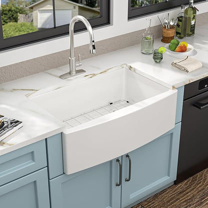 33 White Farm Sink - Fulorni 33"x21" Farmhouse Kitchen Sink Curved Apron Front Ceramic Porcelain Fireclay Single Bowl Farmer Style Basin