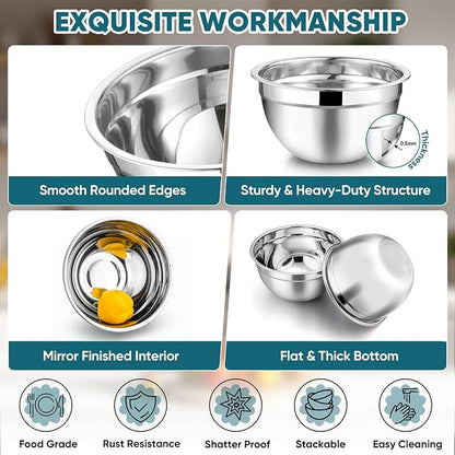 TeamFar Mixing Bowl Set of 5, Stainless Steel 4.5/3/1.5/1/0.7 QT Metal Nesting - Image 4