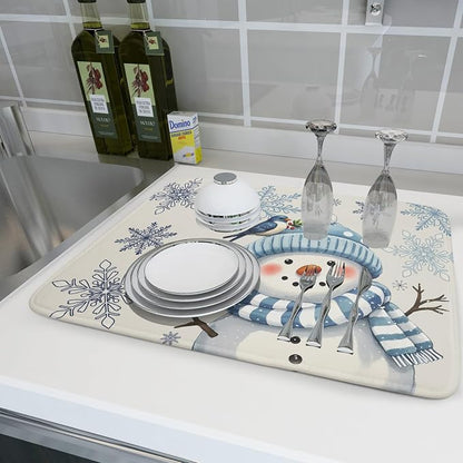 Winter Snowman Dish Drying Mat for Kitchen Counter 18x24 Blue Snowflake Bird - Image 6
