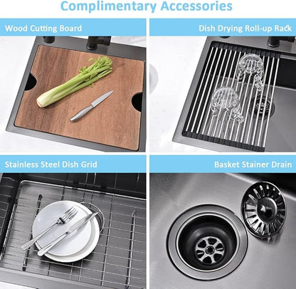 21 Inch Drop In Bar Sink- Bokaiya 21x20 Black Stainless Steel Drop In Wet Bar Outdoor RV Sink Topmount 16 Gauge Single Bowl Kitchen Sinks with Cutting Board